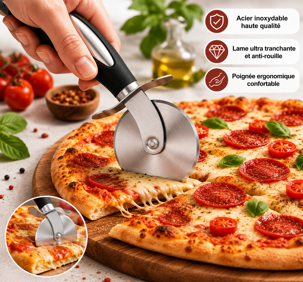 Roulette à Pizza Ergonomique en Acier Inoxydable - Vulcano Taglio